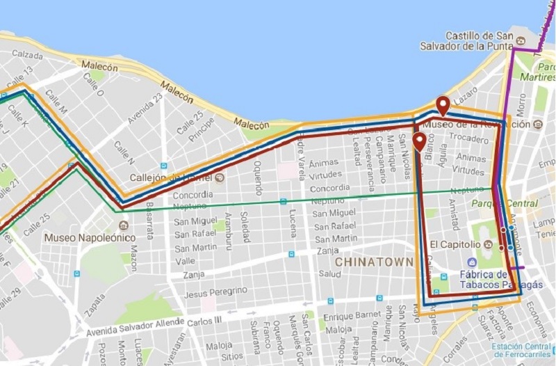 Mapa de recorrido de vuelta de La Habana Vieja
